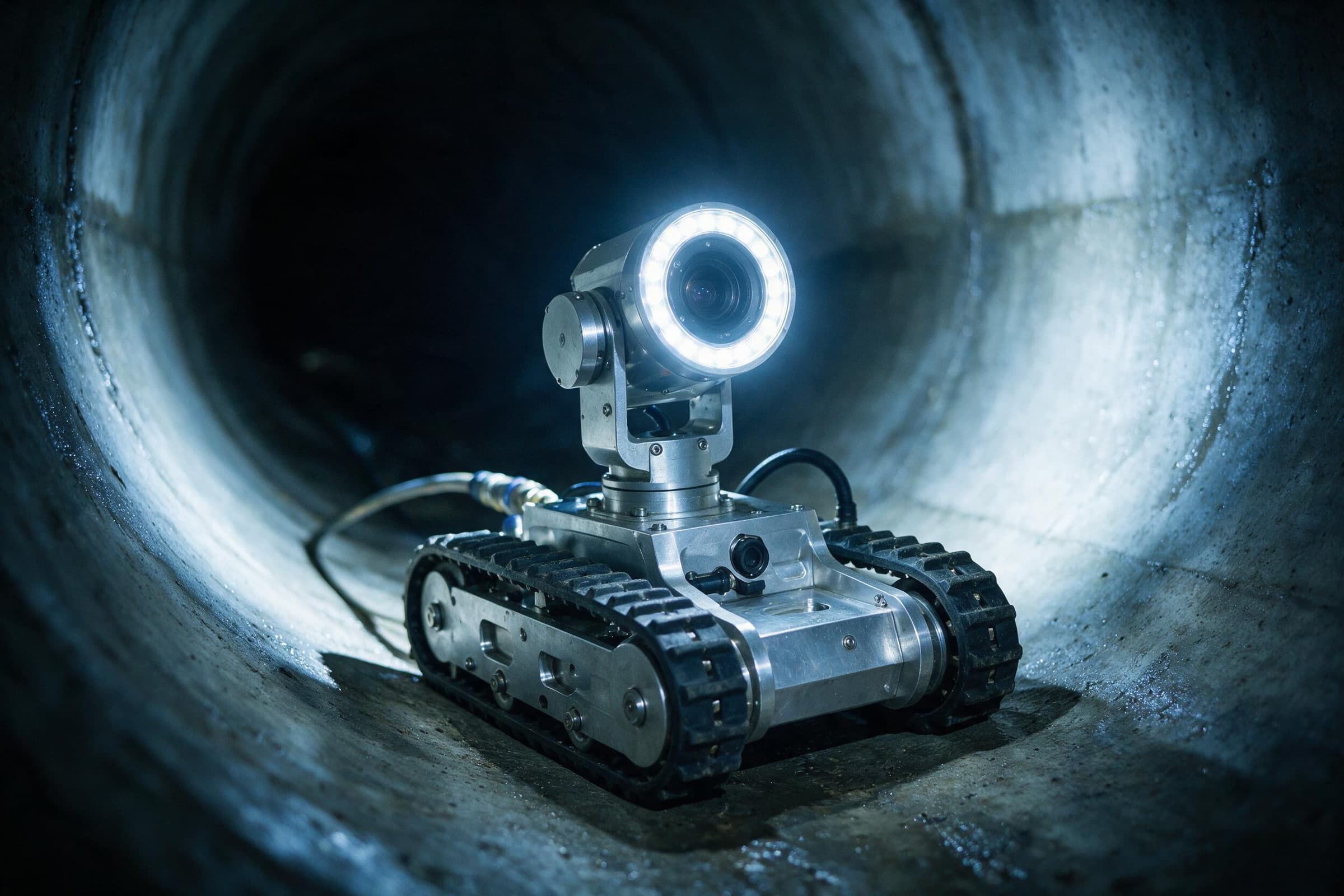 Robot d’inspection à chenilles, tête caméra orientable et couronne de LED, dans une canalisation béton.