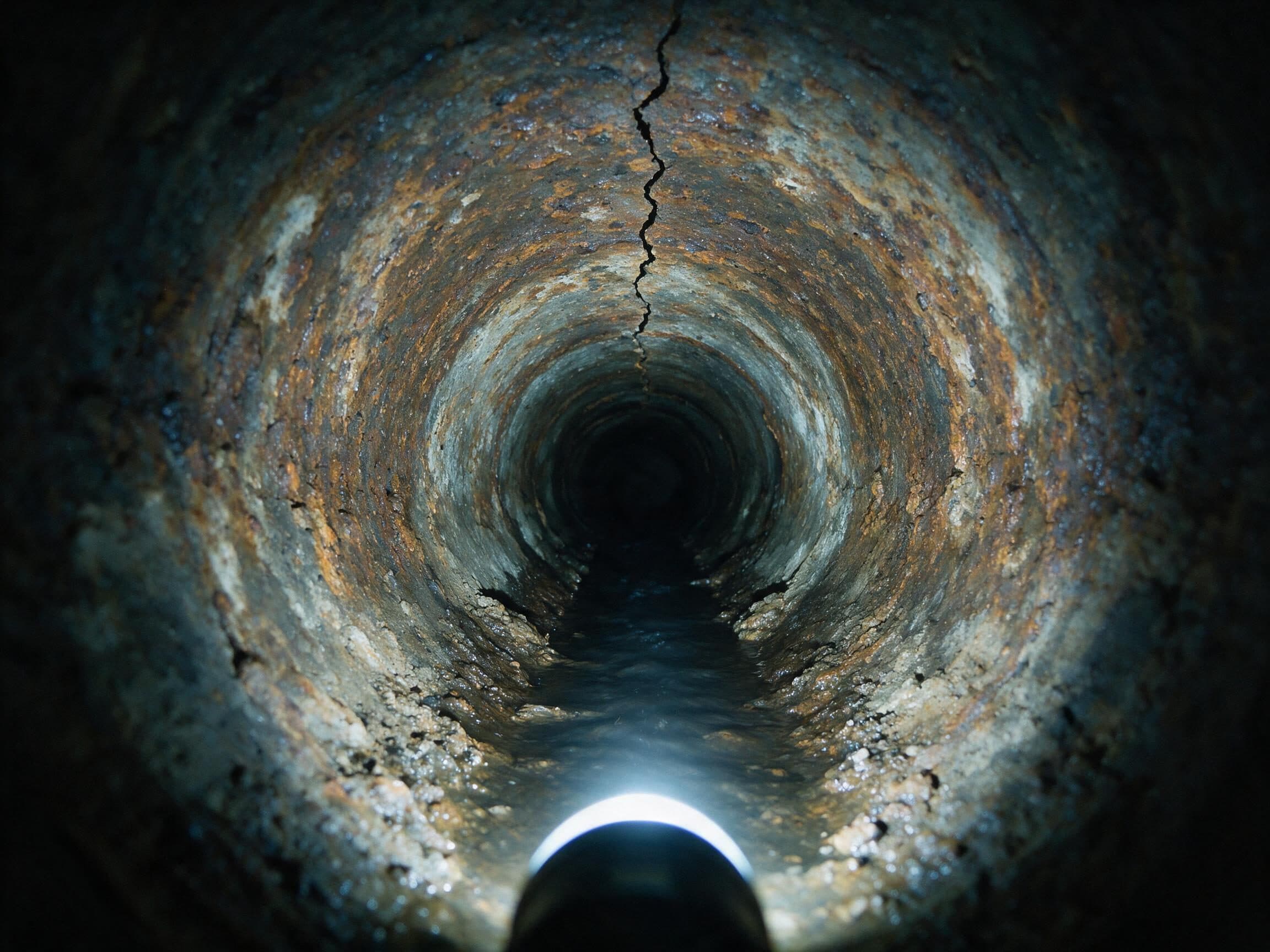 Canalisation en fonte fortement corrodée, fissure longitudinale et dépôts, vue frontale dans l’axe.