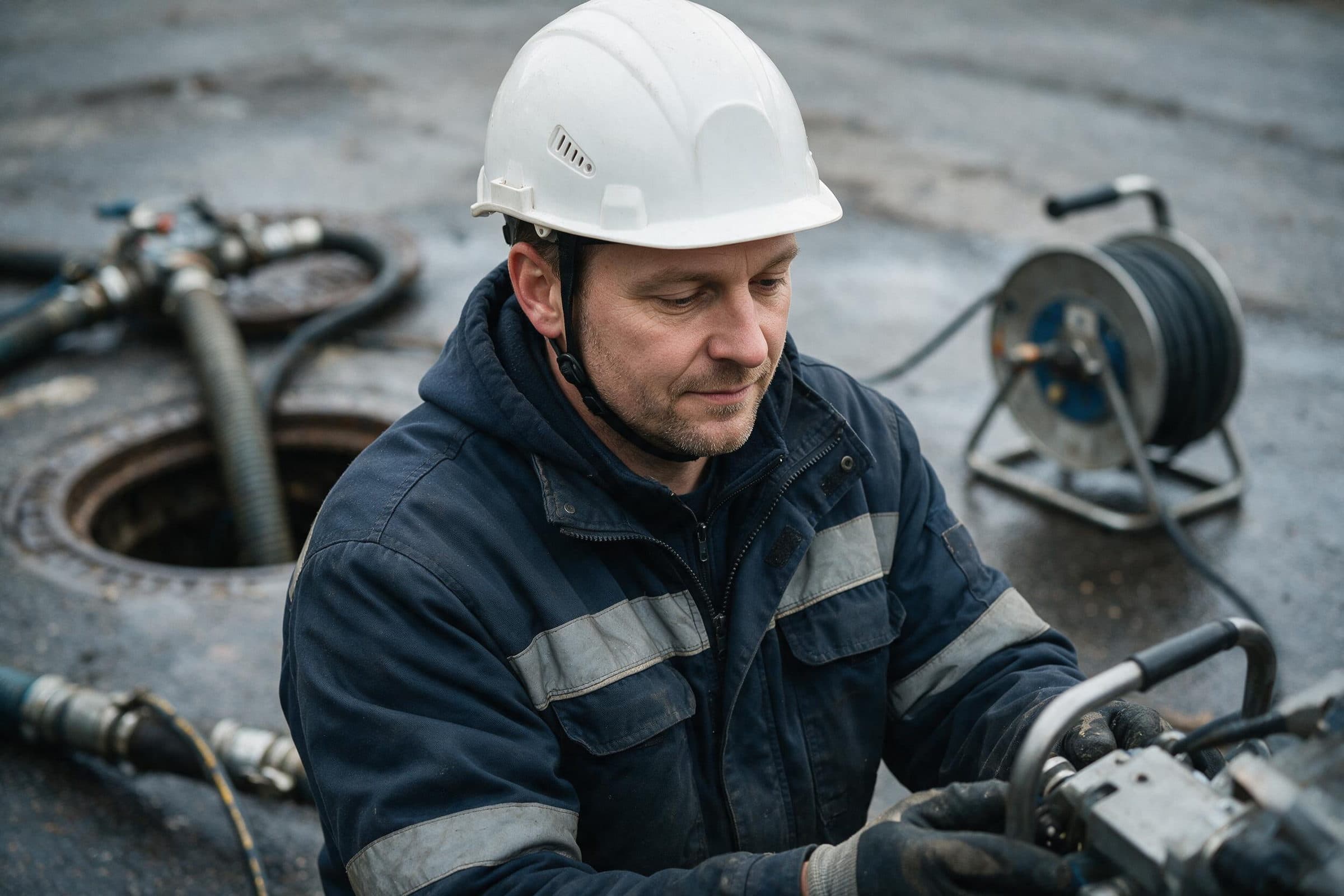 Technicien en veste de travail et casque, concentré sur son matériel au bord d’un regard.