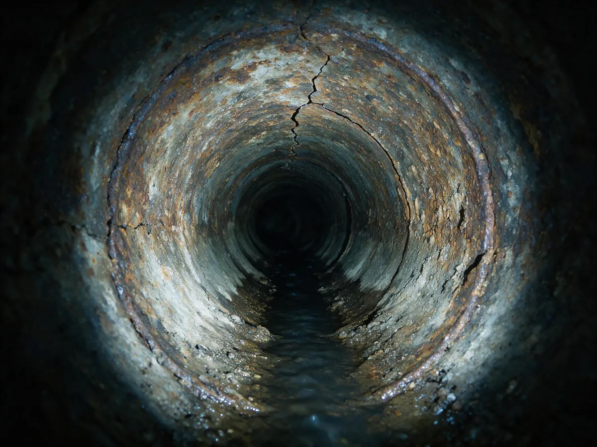Collecteur en fonte corrodée, fissures et incrustations, vue dans l’axe.