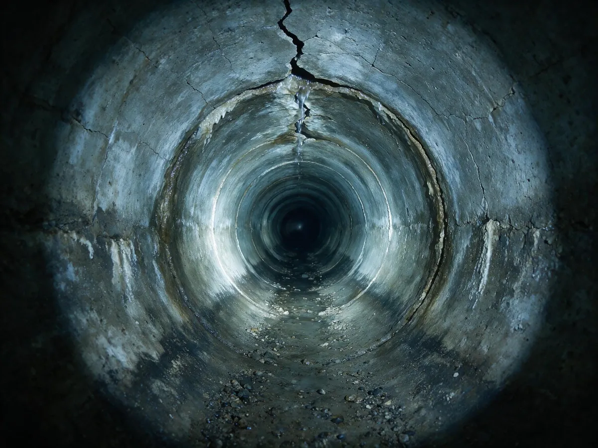 Collecteur béton fissuré avec infiltration active et dépôts calcaires, vue dans l’axe.